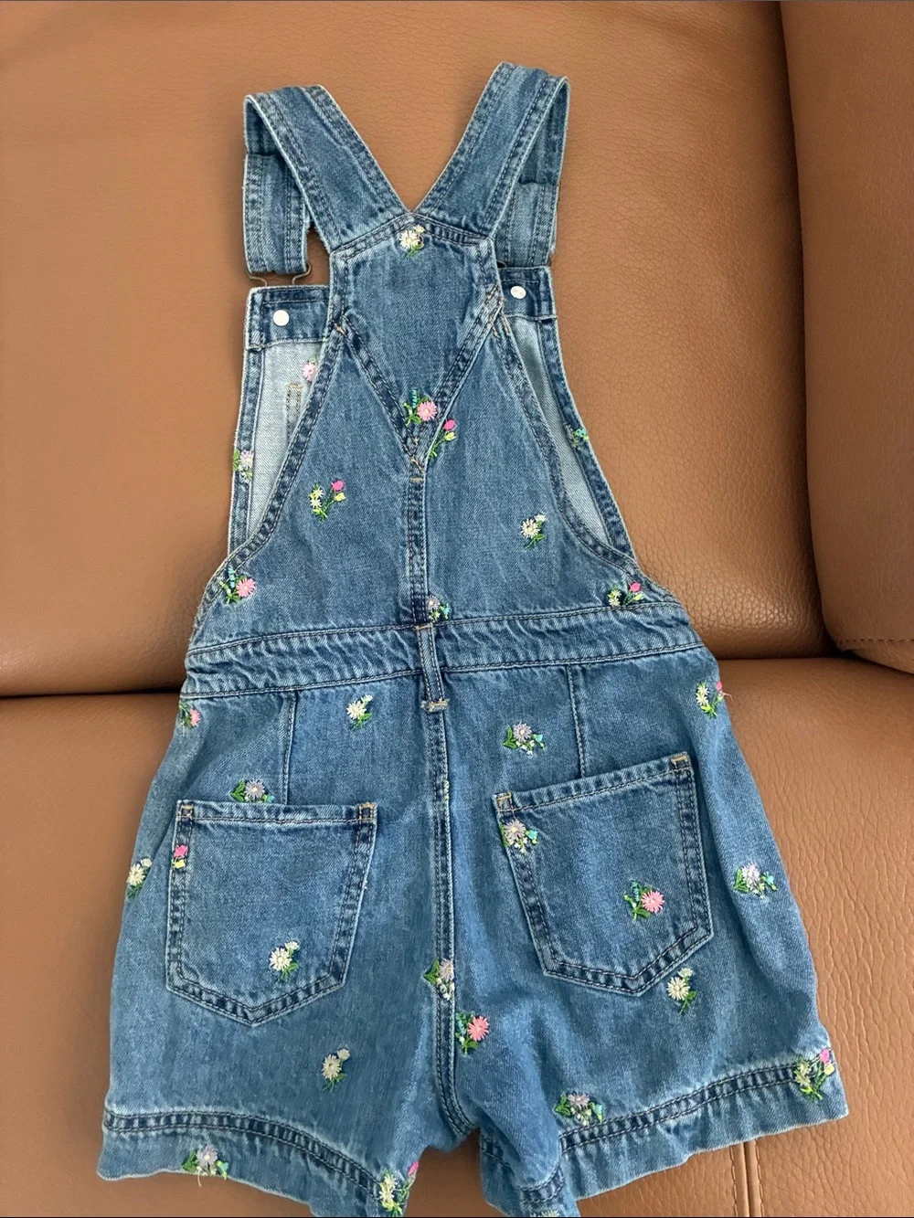 GAP Blue Denim Short Overalls with Pink & Green Floral Embroidery size small